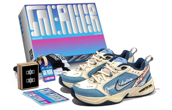 Nike Nike Air Monarch 4 Textile, Leather Cushioning Low top Chunky Sneakers Unisex White Blue