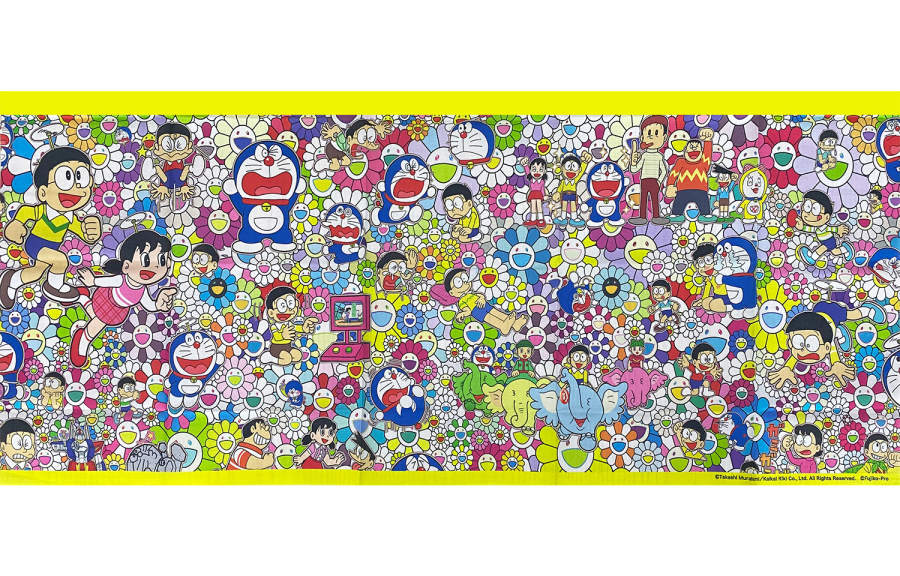 Takashi Murakami Doraemon Oil Painting Canvas With Cotton Fabric Mounting Limited Edition Prints With Framing 35*102cm