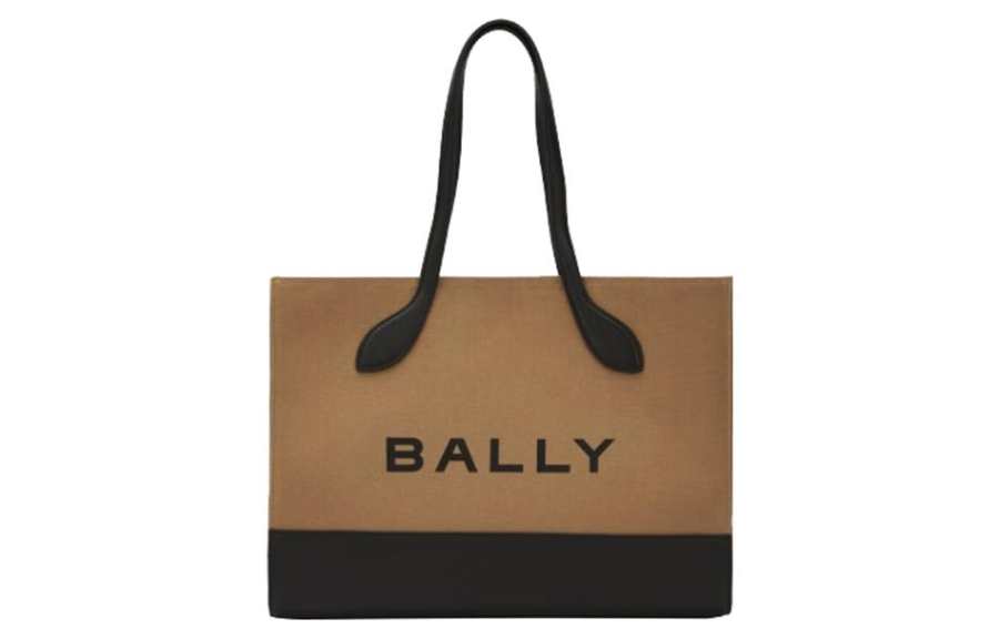 BALLY Fabric With Cow Leather Tote Bag, Shopping Bag, Shoulder Bag, Crossbody Bag, Handbag Large Women's Sand & Black