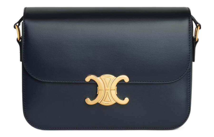 CELINE Triomphe Triumph Gate Shiny Calfskin Shoulder Bag, Portable Crossbody Bag Women's Dark Blue