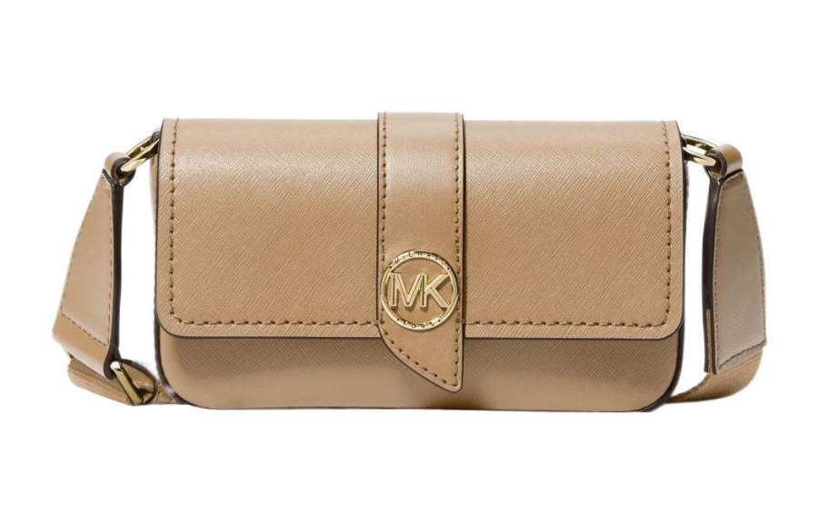 MICHAEL KORS Greenwich Saffiano Leather Baguette Bag, Shoulder Bag, Crossbody Bag Small Women's Camel