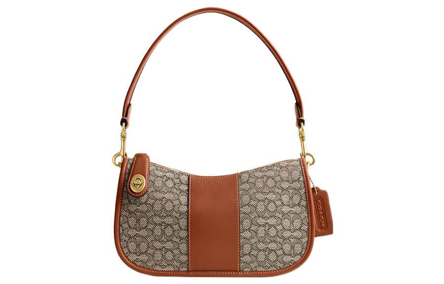 COACH Swinger Jacquard With Leather Saddle Bag Handbag, Shoulder Bag Medium Women's Brown & Gray