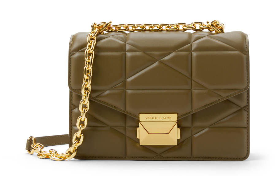 CHARLES&KEITH Synthetic Leather Underarm Small Square Bag, Crossbody Bag Small Women's Noir Black/White/Khaki