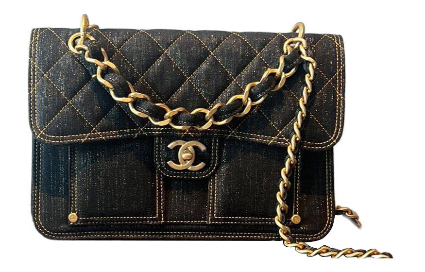 CHANEL Denim Messenger Bag, Portable Crossbody Bag, Shoulder Bag Large Women's Washed Denim Black