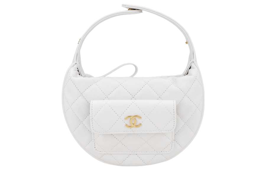CHANEL Grain Cow Leather Material Gold Metal Crescent Bag Clutch Handbag Mini Women's White