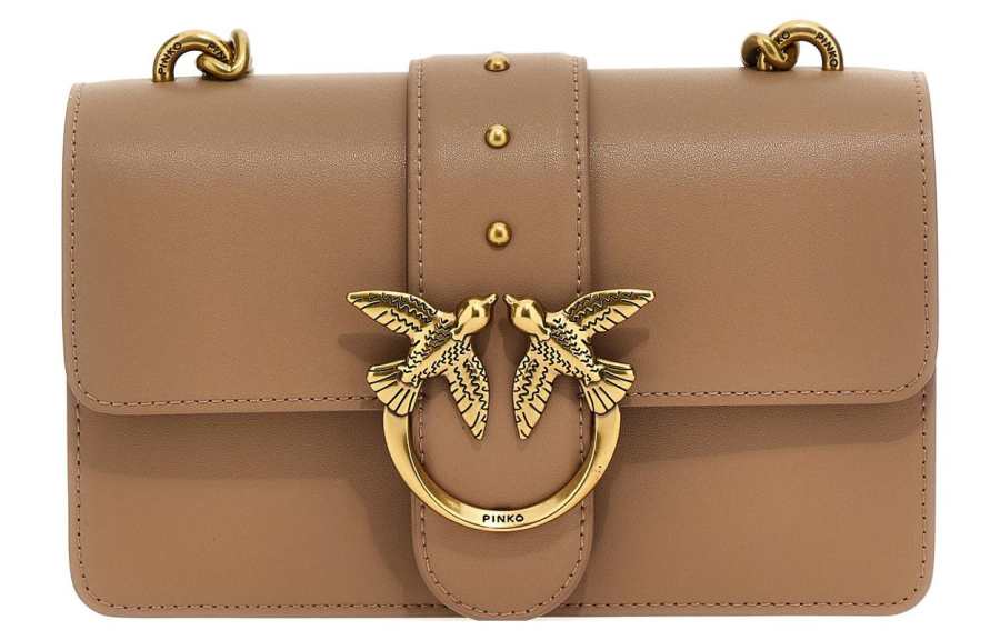 PINKO Leather Crossbody Bag, Shoulder Bag Mini Women's Beige