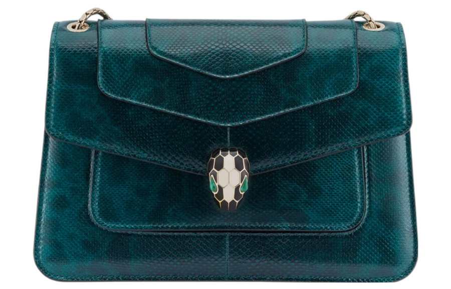BVLGARI Serpenti Forever Water Snake Skin Crossbody Bag, Shoulder Bag Women's Dark Green