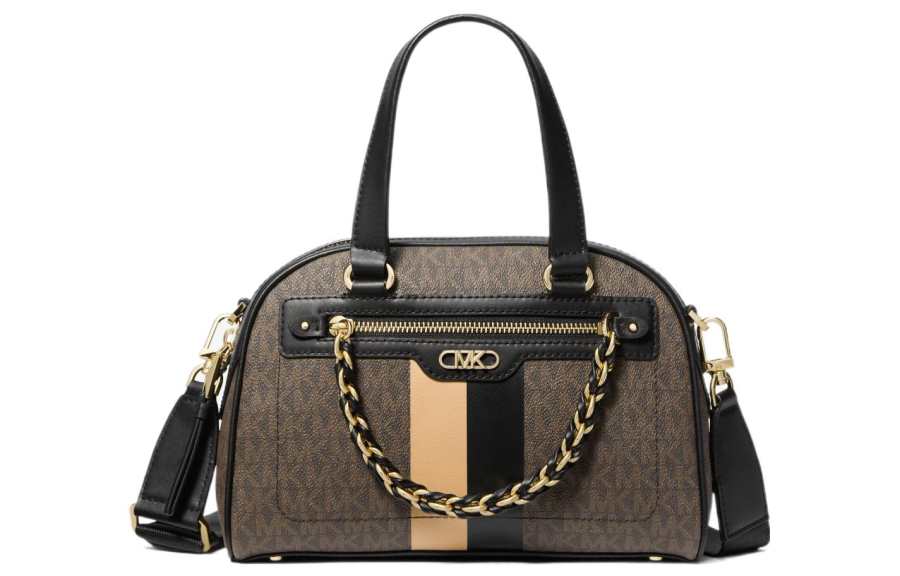 MICHAEL KORS PVC With Leather Canvas Bag, Dome Bag, Shoulder Bag, Crossbody Bag, Handbag Small Women's Black & Umber