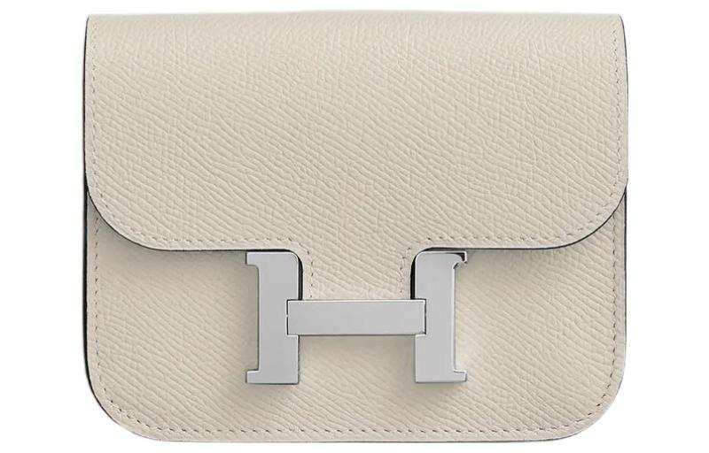 HERMES Constance Slim Silver Tone Buckle Epsom Calfskin Clutch Wallet Fanny Pack Women's 10 Craie Milkshake White