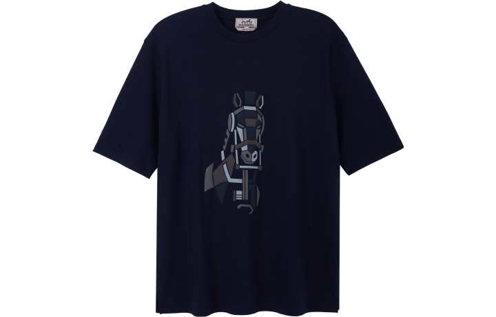 HERMES HERMES Patterned Print Crew Neck Pullover Short Sleeved FW22 T Shirt Men's Blue