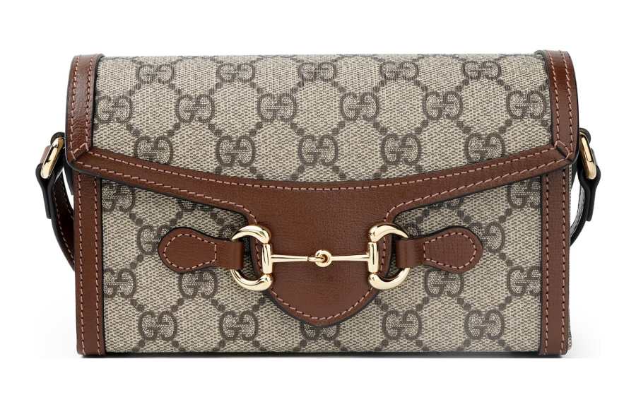 GUCCI Horsebit 1955 Canvas With Leather Shoulder Bag, Crossbody Bag Mini Unisex Brown & Ebony