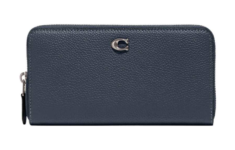 COACH Accordion Zip Pebbled Leather Accordion Bag Clutch Wallet Regular Women's Marine