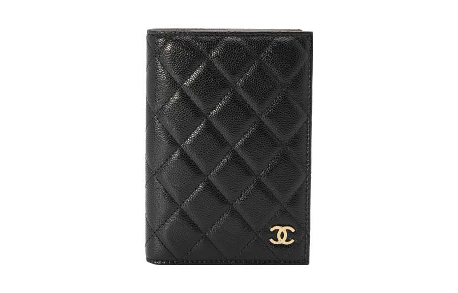 CHANEL Grain Litchi Grain Cow Leather Passport Holder Card Holder Card Case Women's Black