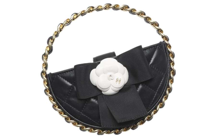 CHANEL Sheepskin With Cow Leather Carry on Bag Round Shaped Handbag Clutch Women's Black