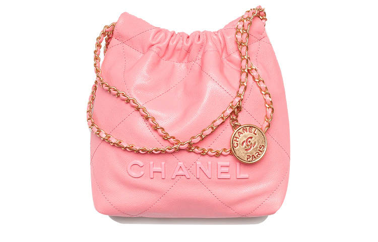 CHANEL 22Bag Shiny Grain Embossed Calfskin & Metal Bucket Bag, Shoulder Bag, Crossbody Bag Mini Women's Coral Powder