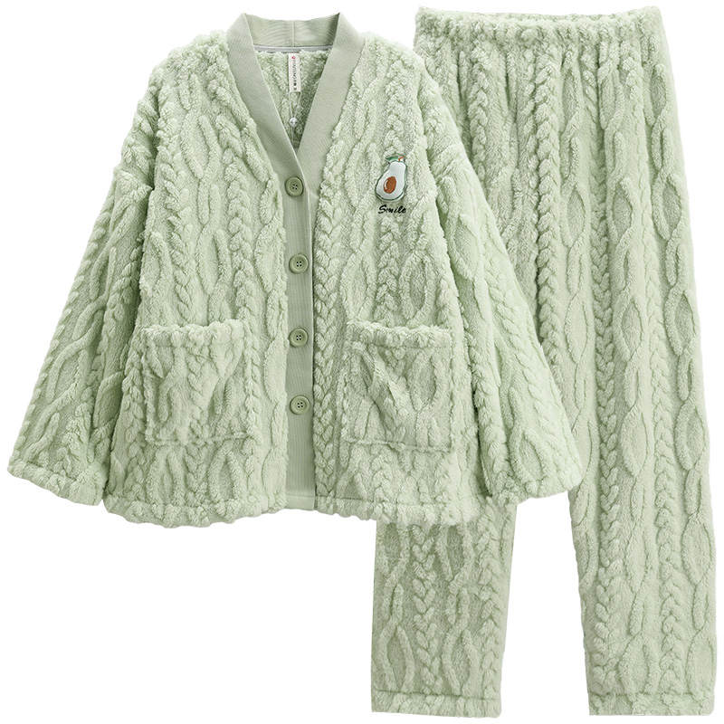 FENTENG Coral Fleece Women's Fall Winter Thickened And Fleece Lined Thermal Flannel Plus Size Pajama Set Women's