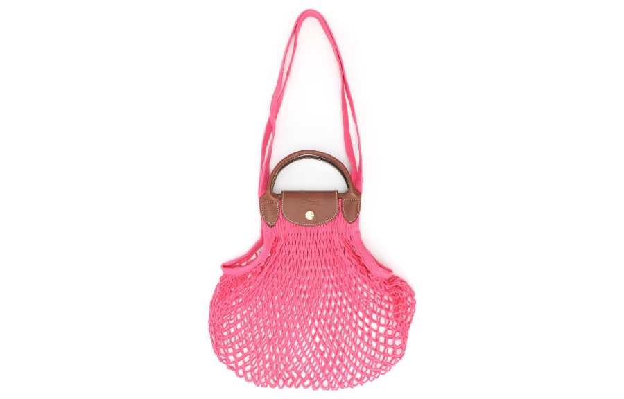 LONGCHAMP Le Pliage Filet Cotton With Cow Leather Trim Mesh Pocket Shoulder Bag, Crossbody Bag, Handbag Women's Pink