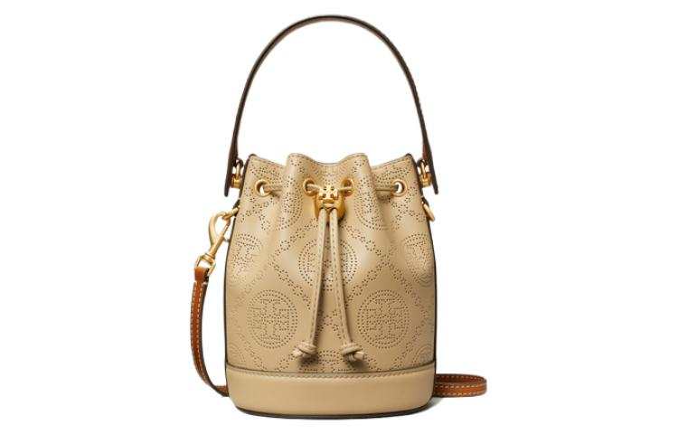 TORY BURCH T Monogram Cow Leather Bucket Bag, Shoulder Bag, Crossbody Bag, Handbag Mini Women's Almond Pink