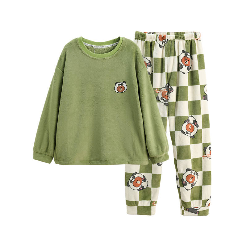 FENTENG x LINE FRIENDS Couple Coral Fleece Fall Winter Thickened And Fleece Lined Casual Pajama Set Unisex Multicolor