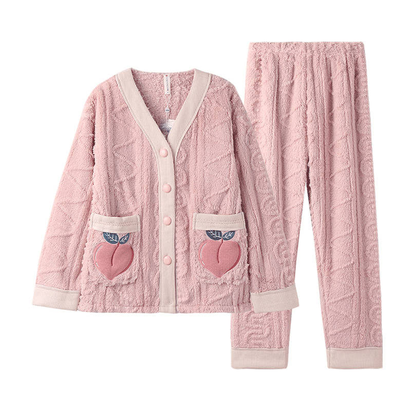 FENTENG Coral Fleece Women's Fall Winter Thickened And Fleece Lined Loose Fit Casual Plus Size Pajama Set Women's
