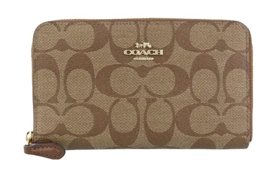 COACH Zip Around Coated Canvas Coin Pocket ID Card Holder, Wallet Regular Women's Khaki