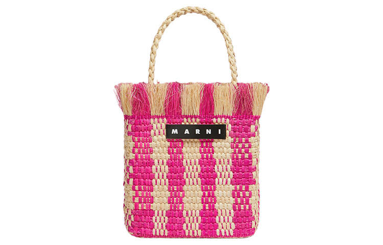 MARNI Palm Fiber With Cow Leather Basket Bag Handbag Small Women's Pink/Natural