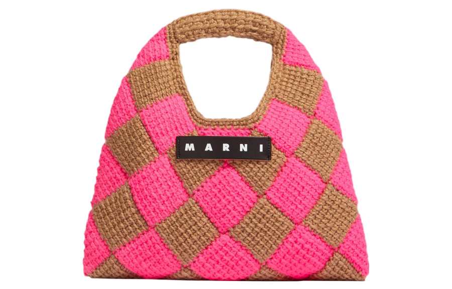 MARNI Acrylic Knitted Fabric Basket Bag Handbag Mini Women's Pink & Brown