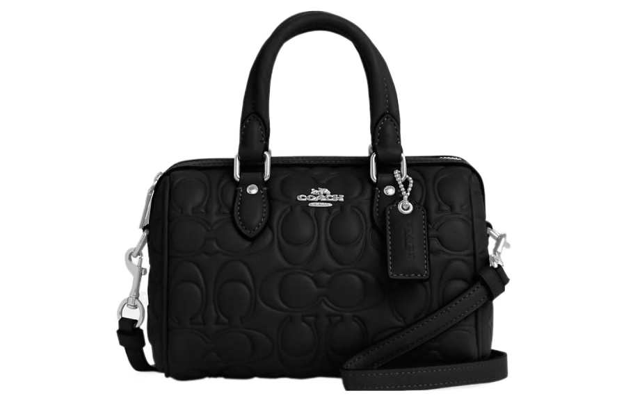 COACH Rowan Leather Boston Bag, Handbag, Shoulder Bag, Crossbody Bag Small Women's Black