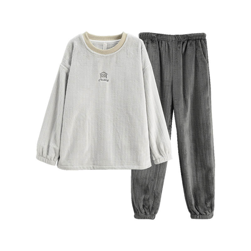 FENTENG Couple Flannel Fall Winter Thickened And Fleece Lined, Coral Fleece Loose Fit Pajama Set Unisex Apricot Gray