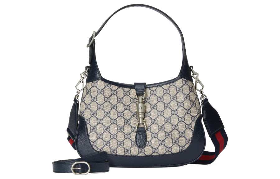 GUCCI Jackie 1961 Canvas With Leather Trim Crescent Shoulder Bag Handbag Small Women's Blue Gray Multicolor