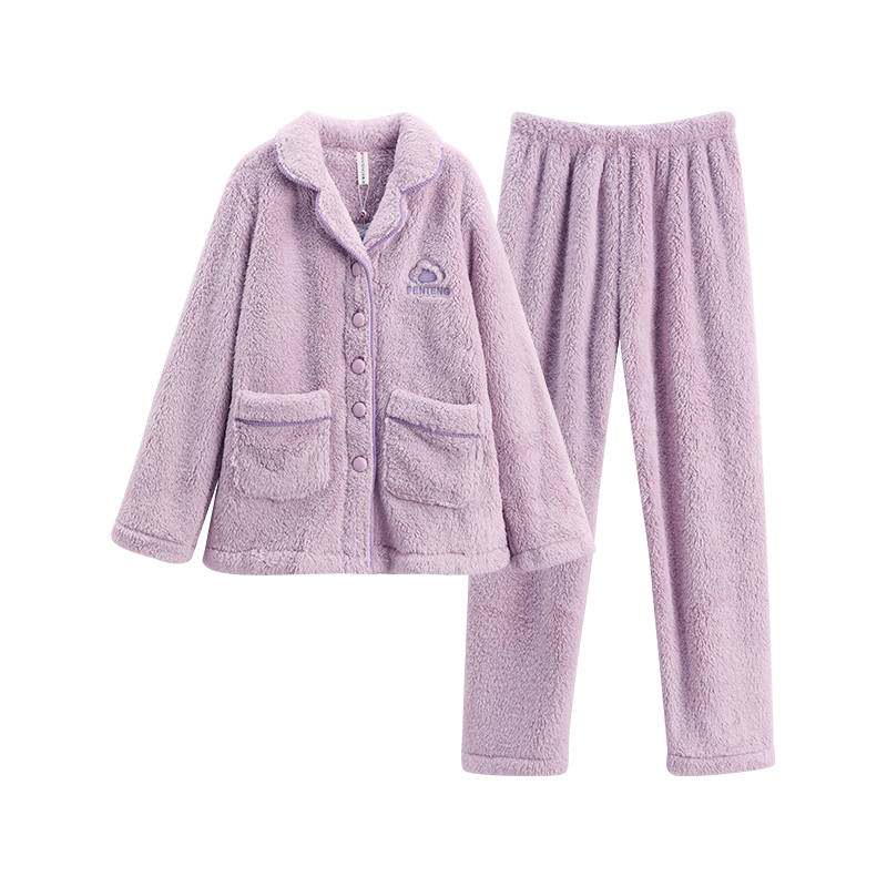 FENTENG Couple Pajamas Coral Fleece Fall Winter Thickened And Fleece Lined, Flannel Casual Thermal Home Suit