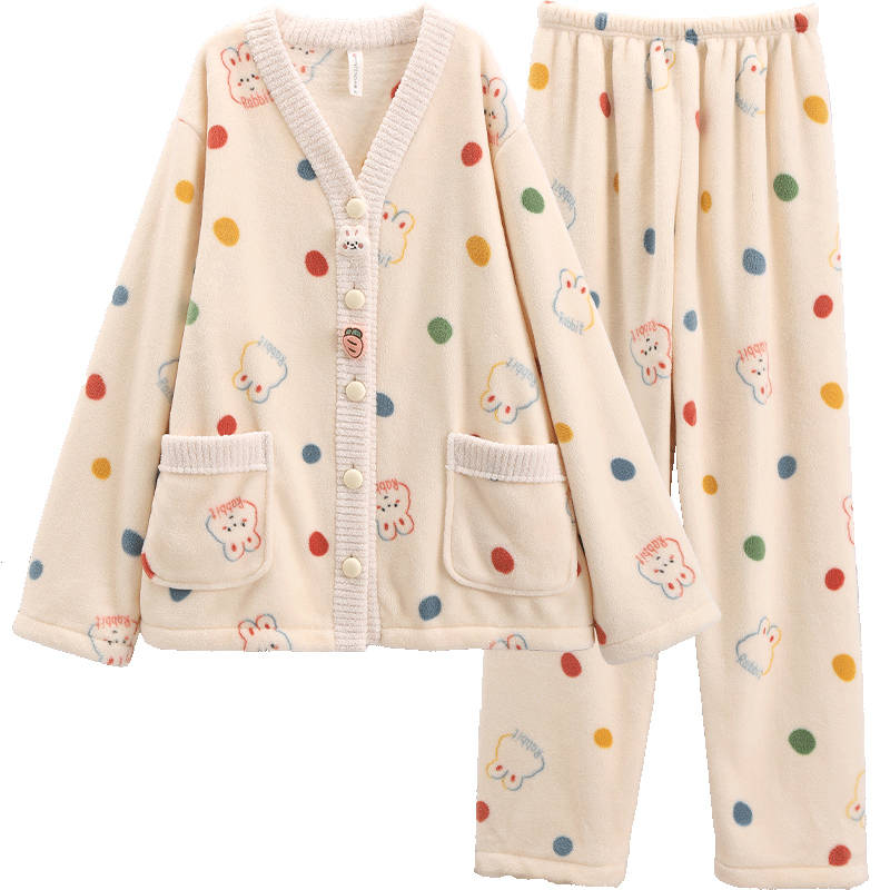 FENTENG Coral Fleece Fall Winter Thickened And Fleece Lined Flannel Cute Sweet Style Casual Pajama Set Women's