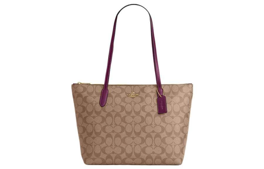 COACH Zip Top Tote Canvas With Leather Tote Bag, Shopping Bag, Handbag, Shoulder Bag Large Women's Khaki