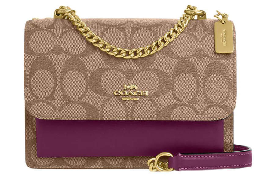 COACH Klare Canvas With Leather Shoulder Bag, Crossbody Bag Small Women's Khaki & Dark Berry