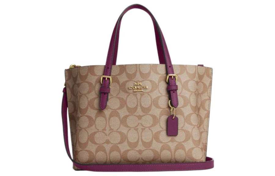 COACH Mollie Zip Closure Coated Canvas With Leather Tote Bag, Shopping Bag, Handbag 25 Women's Khaki & Boysenberry