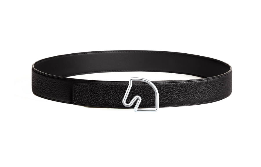 HERMES HERMES Cheval Calfskin, Palladium Coating Layer Leather Belts Men's Width 3.8cm