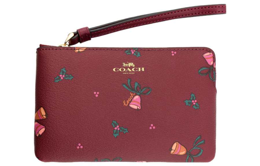 COACH Corner Zip Coated Canvas With Leather Wrist Bag Clutch Small Women's Cherry Red