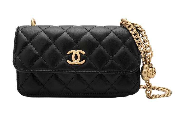 CHANEL Camellia Adjusting Buckle Chain With Gold Cc Logo Phone Holder Shoulder Bag Black