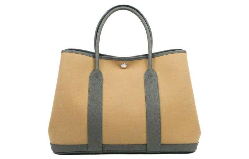 HERMES Garden Party Officier Canvas With Negonda Calfskin Handbag 30 Women's Beige & Gray
