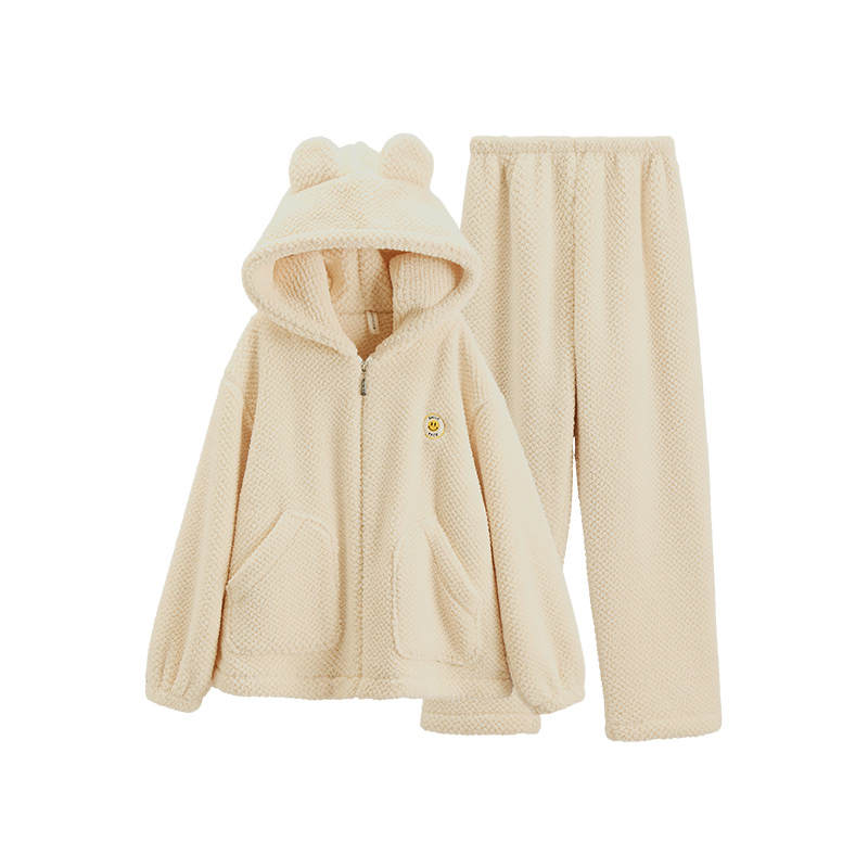 FENTENG Coral Fleece Hooded Fall Winter Thickened And Fleece Lined Flannel Casual Plus Size Pajama Set Women's