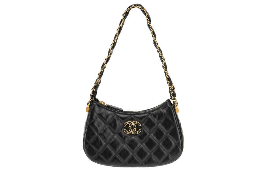 CHANEL Cow Leather Material Gold Metal Shoulder Bag, Hobo Bag, Handbag, Shoulder Bag Small Women's Black