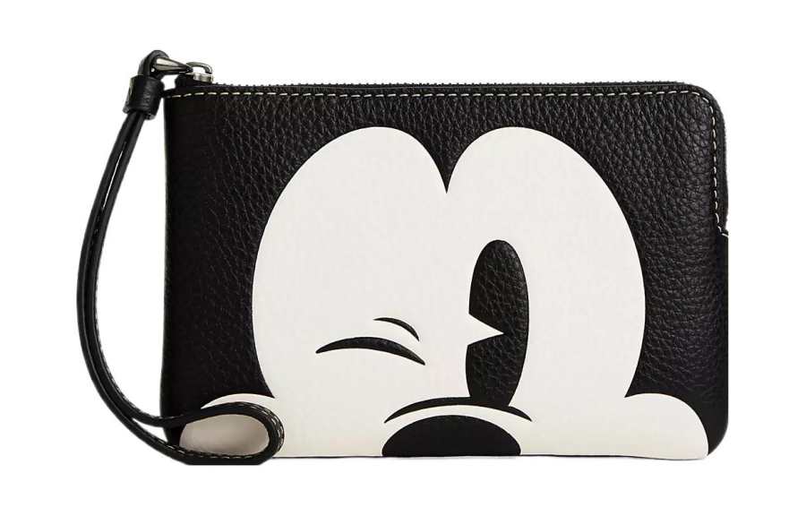 COACH Disney Corner Zip Wristlet Disney, Collaboration Pebbled Leather Clutch Wrist Bag Small Women's Black