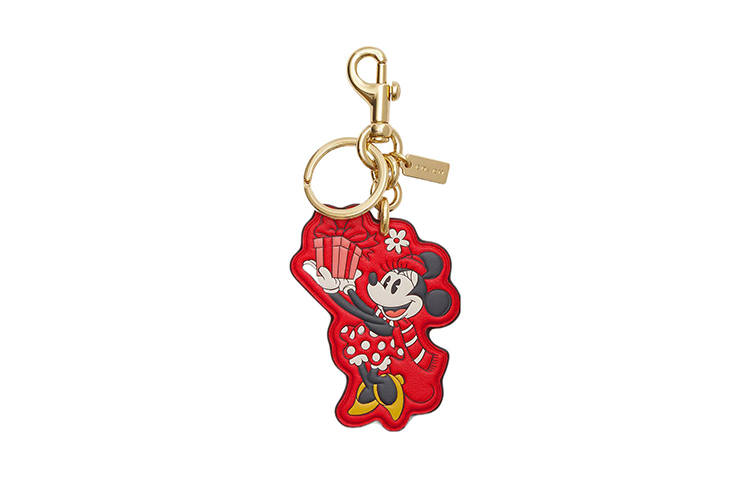 COACH Disney Collaboration Smooth Leather Bag Decor Key Ring Bag Accessory Unisex Gold & Red