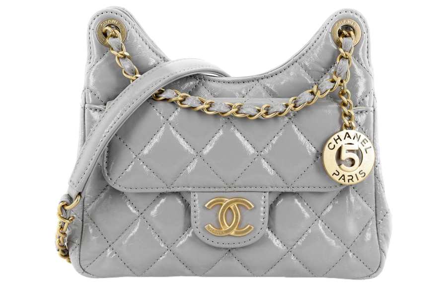 CHANEL Cow Leather Hobo Bag, Shoulder Bag, Crossbody Bag Small Women's Gray