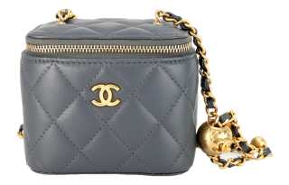 CHANEL Sheepskin Material Gold Metal Makeup Bag, Shoulder Bag, Crossbody Bag Small Women's Dark Gray