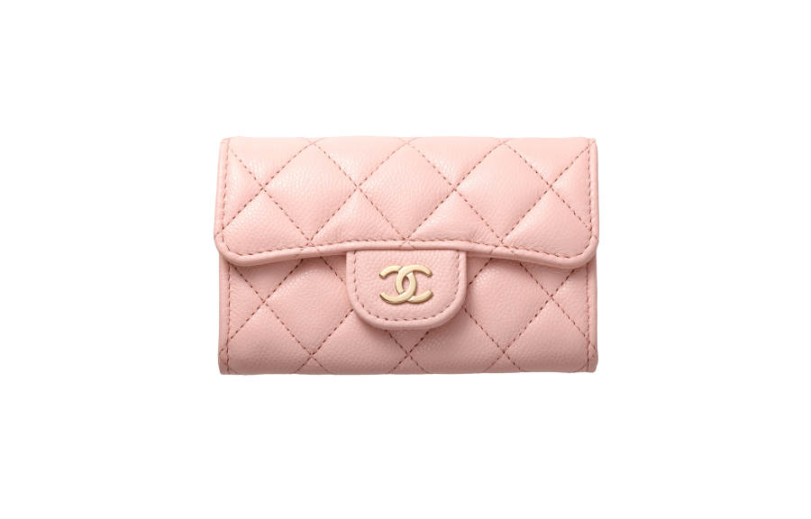 CHANEL Shiny Grain Calfskin & Gold Metal Card Holder Women's Pink