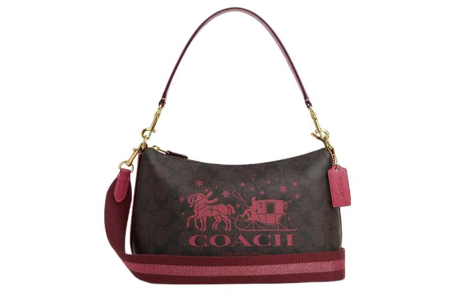 COACH Clara Leather One Shoulder Underarm Bag Handbag Medium Women's Dark Brown & Red