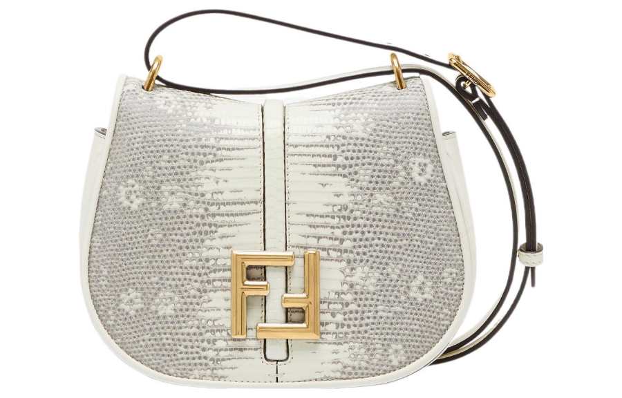 FENDI Calfskin With Lizard Skin Shoulder Bag, Crossbody Bag Mini Women's White