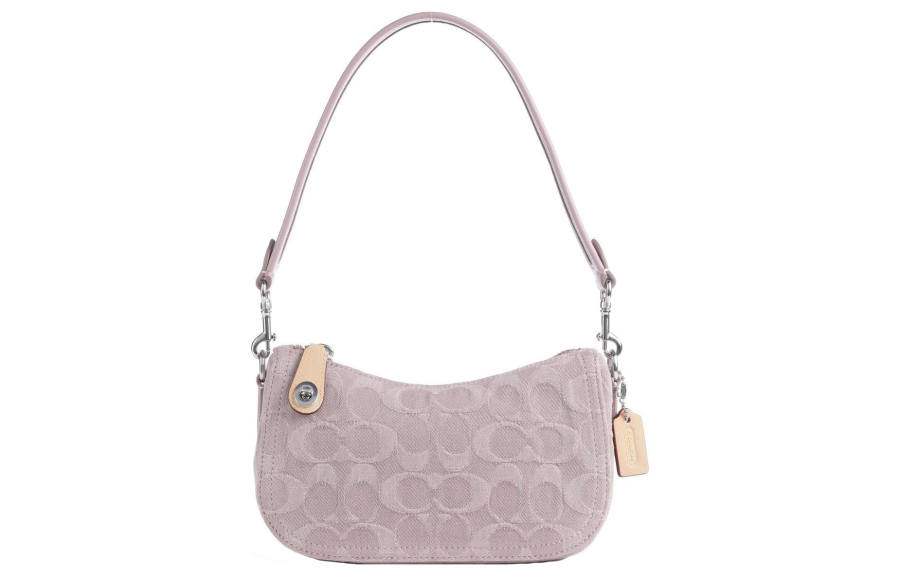 COACH Swinger Denim With Leather Crescent Bag, Saddle Bag, Handbag, Shoulder Bag Small Women's Pink
