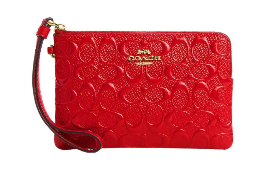 COACH Corner Zip Patent Leather, Leather Wallet Women's Gold & Electric Red